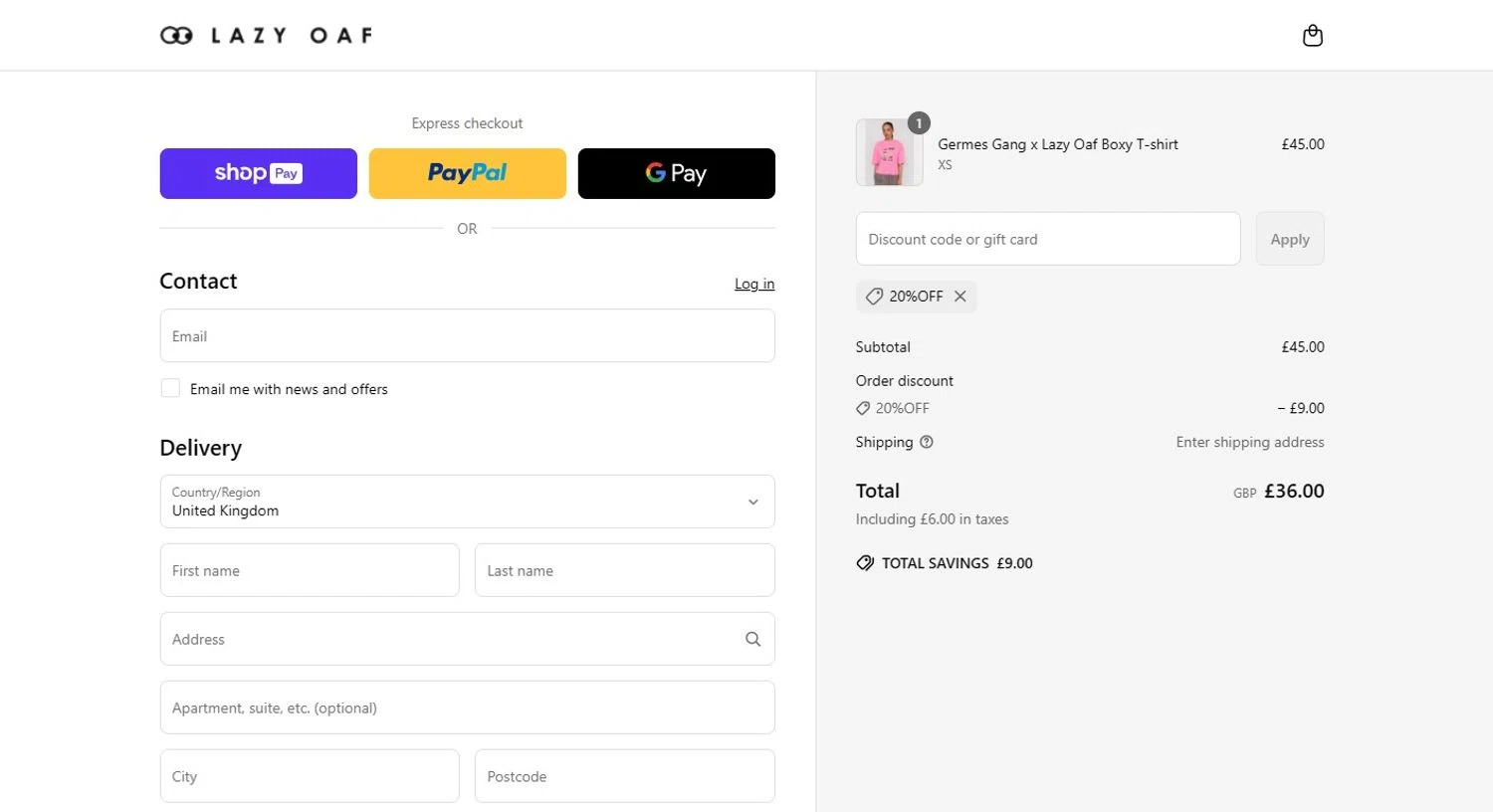 Lazy Oaf discount code screenshot showing code 20%OFF applied at Lazy Oaf checkout page. Uploaded by SimplyCodes community member mikhaildelmoral on Mar 19, 2025