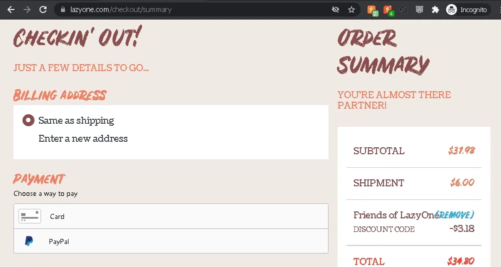 where to use Lazy One promo code box