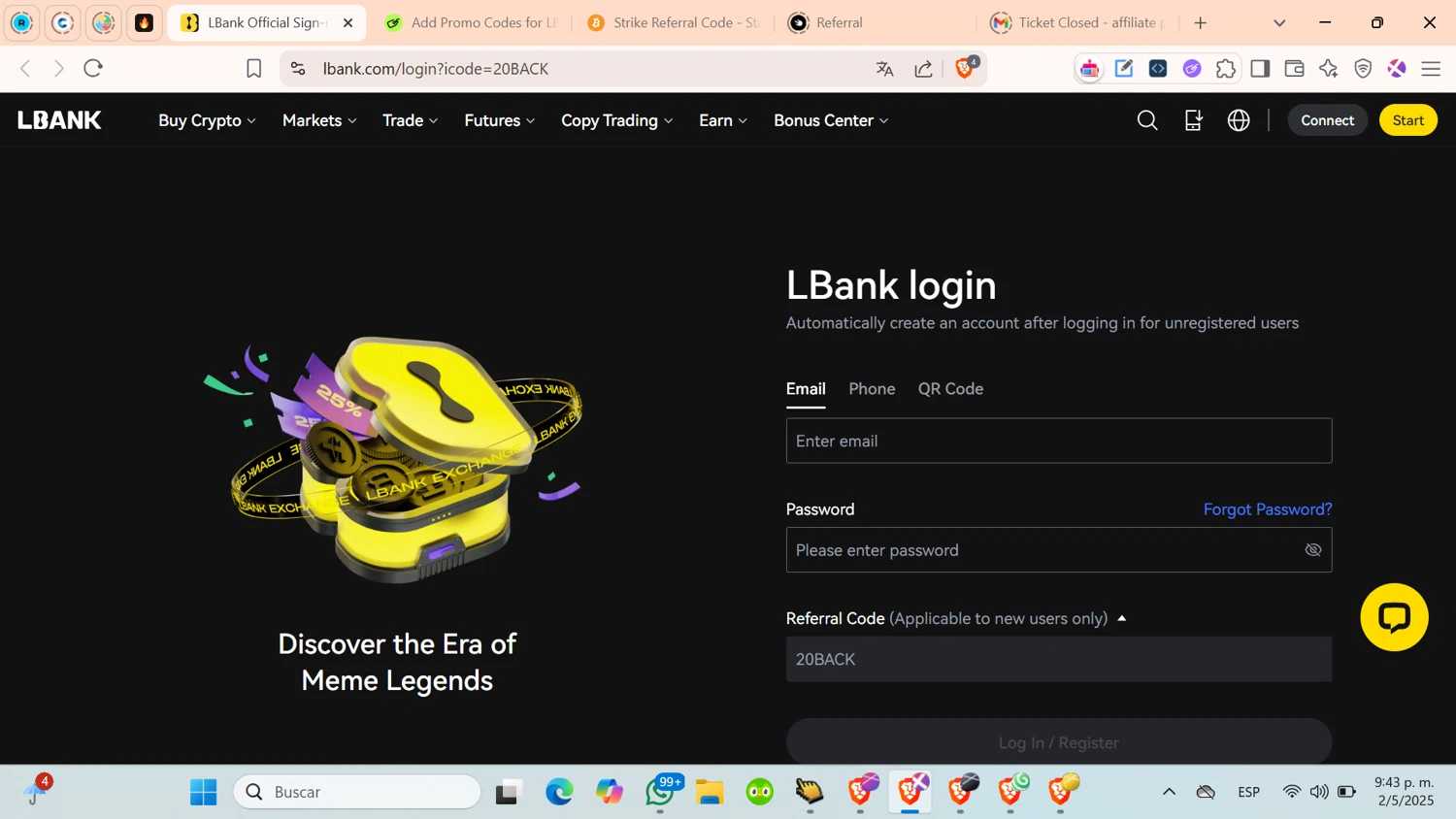 LBank promo code screenshot showing code 20BACK applied at LBank checkout page. Uploaded by SimplyCodes community member cosita on May 3, 2025