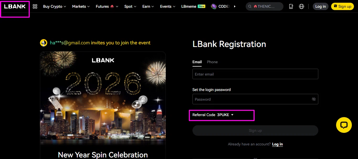 LBank promo code screenshot showing code 3PUKE applied at LBank checkout page. Uploaded by SimplyCodes community member mrdarcy on Jan 4, 2026