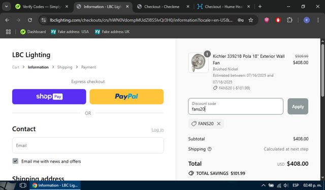 LBC Lighting checkout page showing LBC Lighting promo code box | Screenshot taken by SimplyCodes community member on Jul 11, 2025