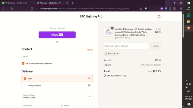 LBC Lighting checkout page showing LBC Lighting promo code box | Screenshot taken by SimplyCodes community member on Jul 18, 2025