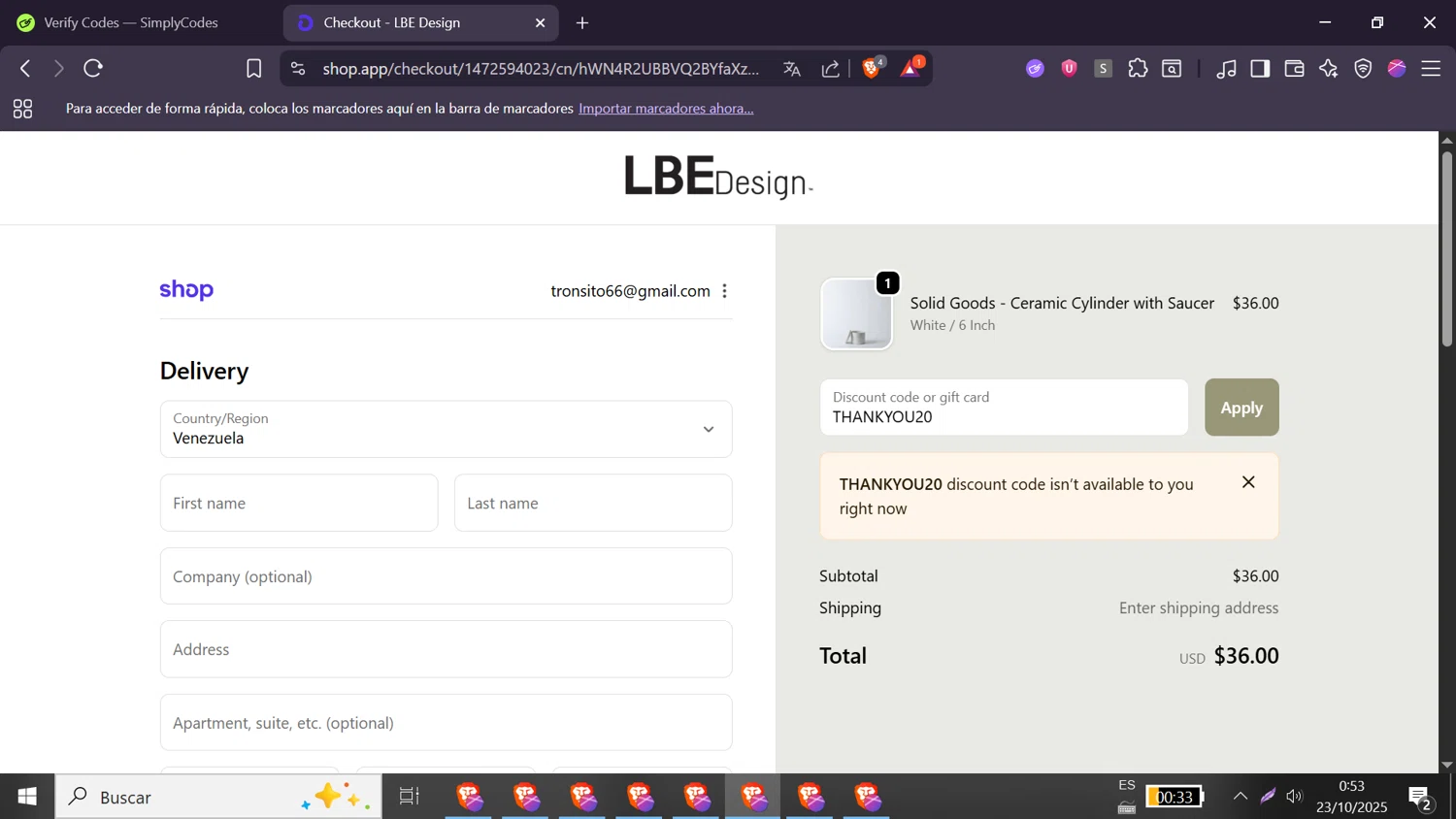 LBE Design promo code screenshot showing code THANKYOU20 applied at LBE Design checkout page. Uploaded by SimplyCodes community member DiscountMonarch2312 on Oct 23, 2025