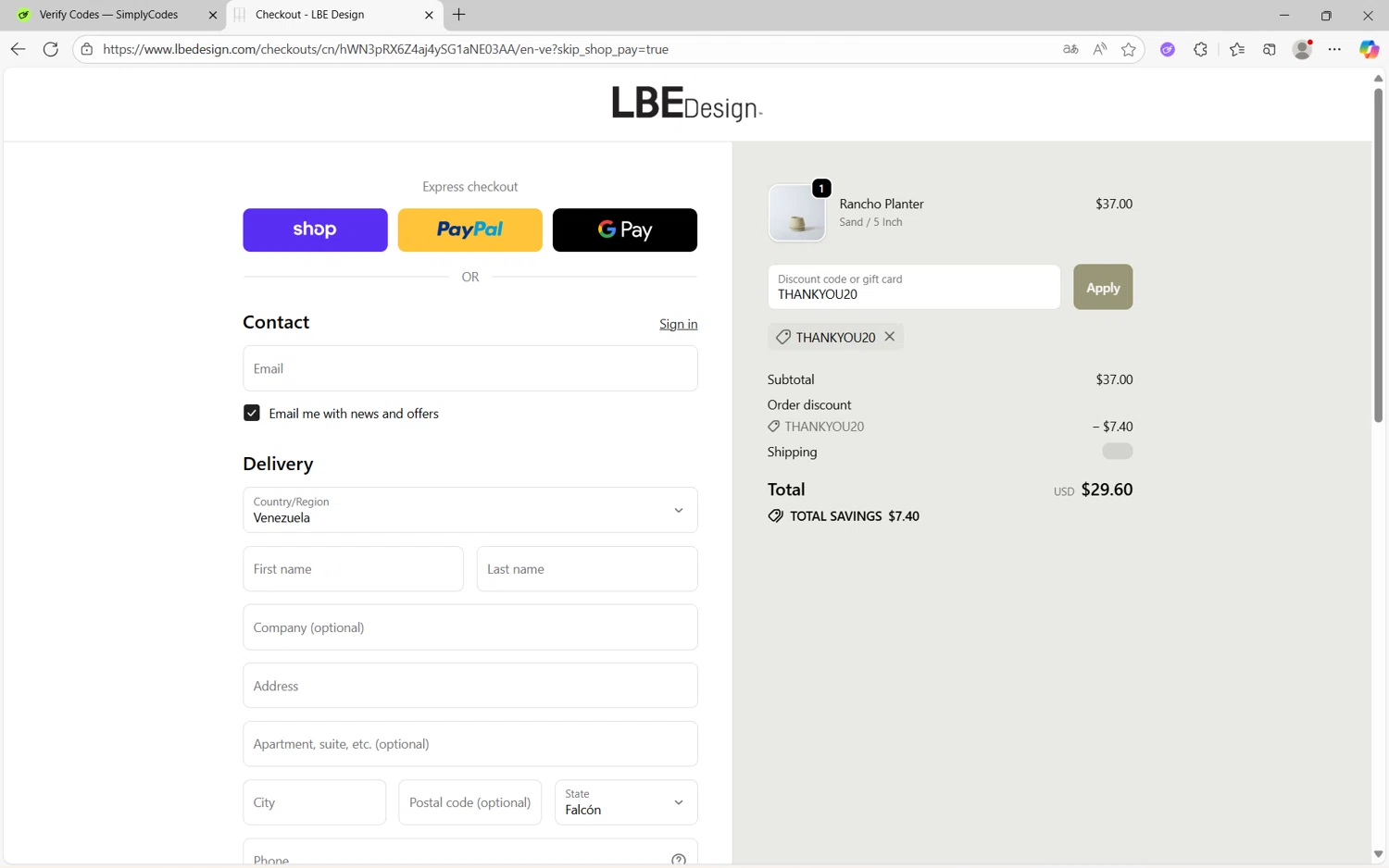 LBE Design promo code screenshot showing code THANKYOU20 applied at LBE Design checkout page. Uploaded by SimplyCodes community member Yuyu12 on Oct 7, 2025