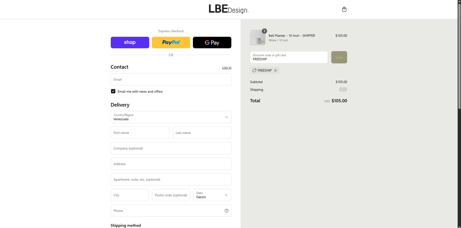 LBE Design promo code screenshot showing code FREESHIP applied at LBE Design checkout page. Uploaded by SimplyCodes community member BrilliantGenius7871 on Aug 30, 2025