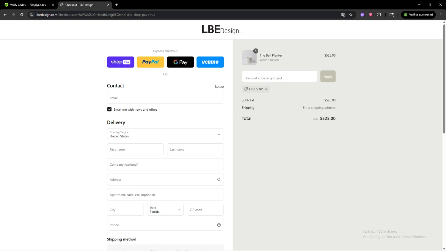 LBE Design promo code screenshot showing code FREESHIP applied at LBE Design checkout page. Uploaded by SimplyCodes community member SAIKOO on Aug 27, 2025