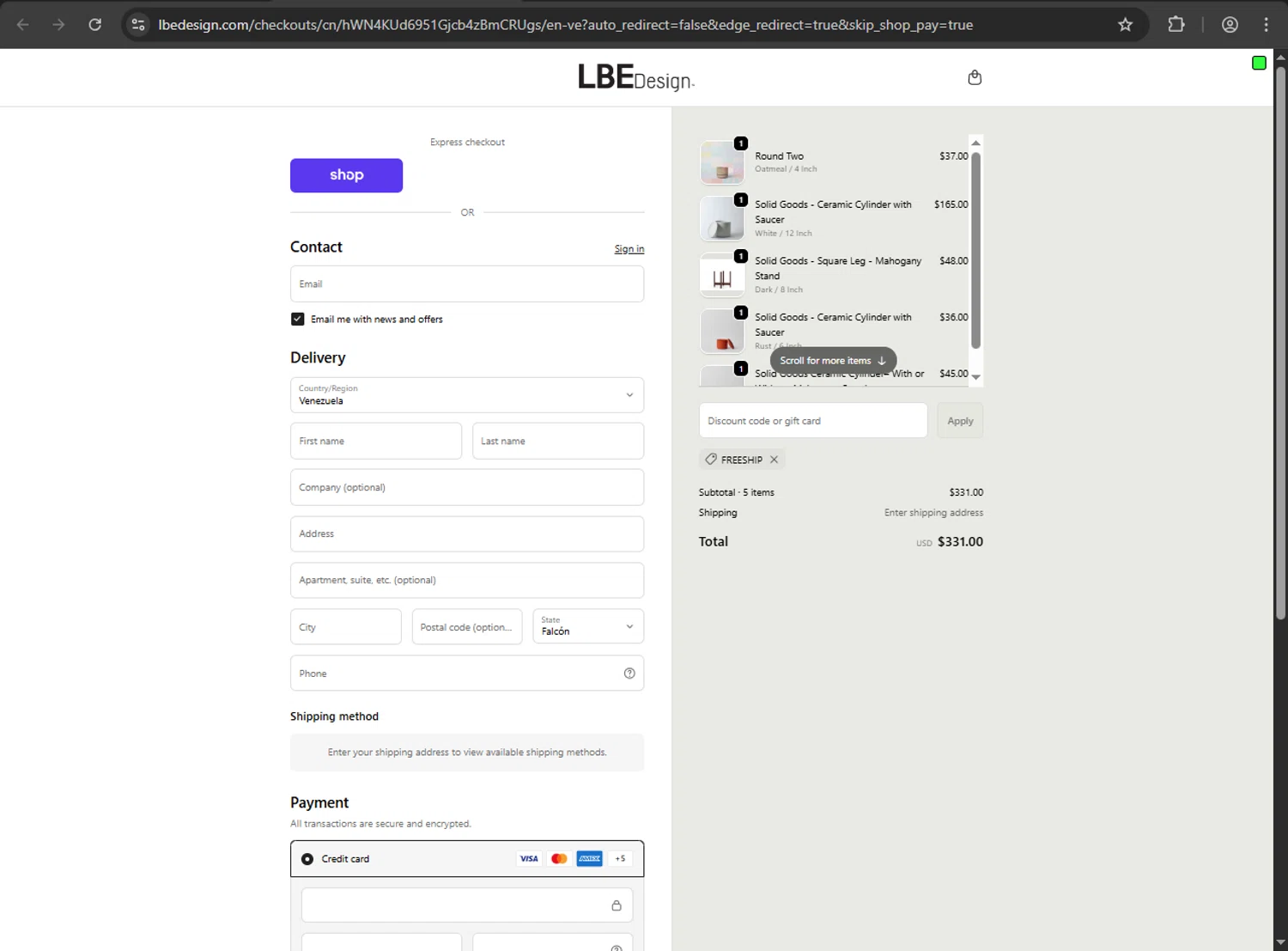 LBE Design promo code screenshot showing code FREESHIP applied at LBE Design checkout page. Uploaded by SimplyCodes community member Scrooge on Oct 20, 2025
