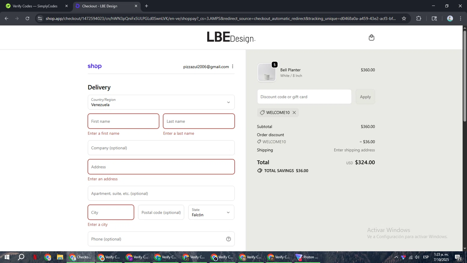 LBE Design promo code screenshot showing code WELCOME10 applied at LBE Design checkout page. Uploaded by SimplyCodes community member ShrewdSeeker6165 on Oct 7, 2025