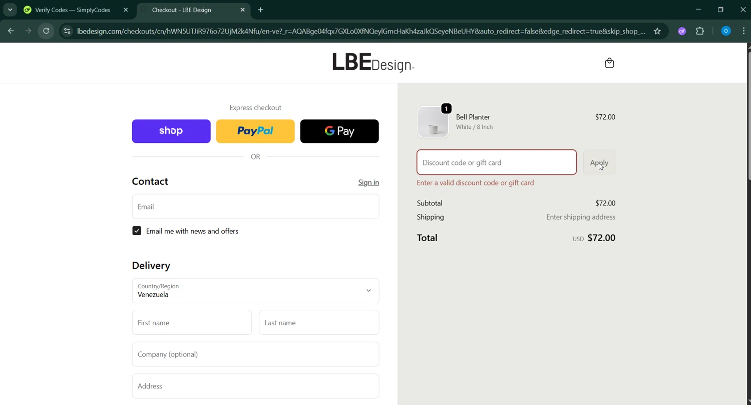LBE Design promo code screenshot showing code VIPMERRY20 applied at LBE Design checkout page. Uploaded by SimplyCodes community member _____________ on Nov 20, 2025