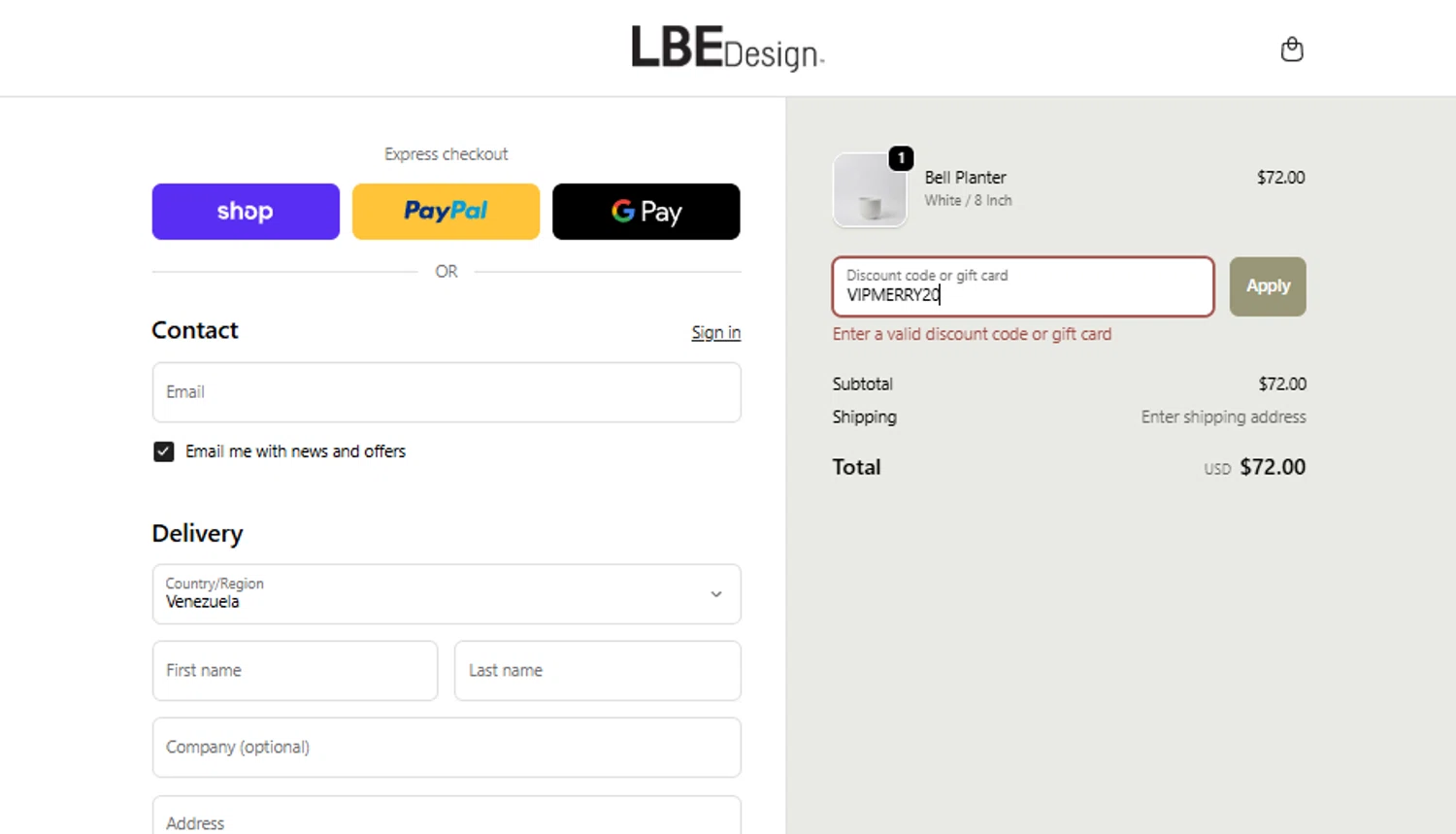 LBE Design promo code screenshot showing code VIPMERRY20 applied at LBE Design checkout page. Uploaded by SimplyCodes community member gabrielponce on Nov 19, 2025