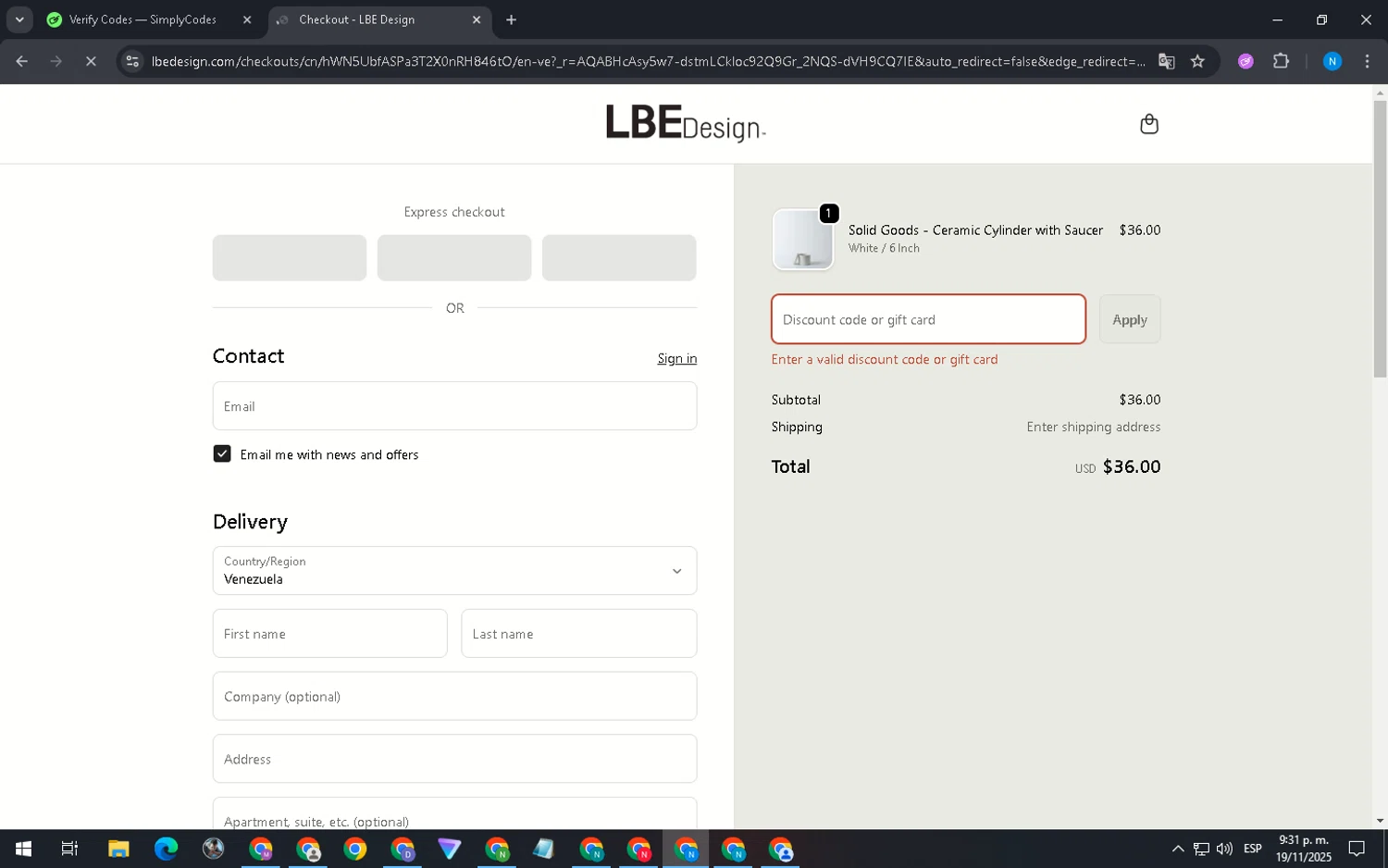 LBE Design promo code screenshot showing code MERRY20 applied at LBE Design checkout page. Uploaded by SimplyCodes community member BudgetFalcon2125 on Nov 20, 2025