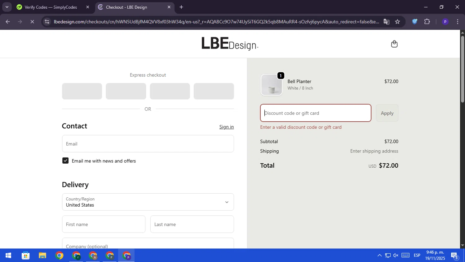 LBE Design promo code screenshot showing code MERRY20 applied at LBE Design checkout page. Uploaded by SimplyCodes community member RebateScout6612 on Nov 20, 2025