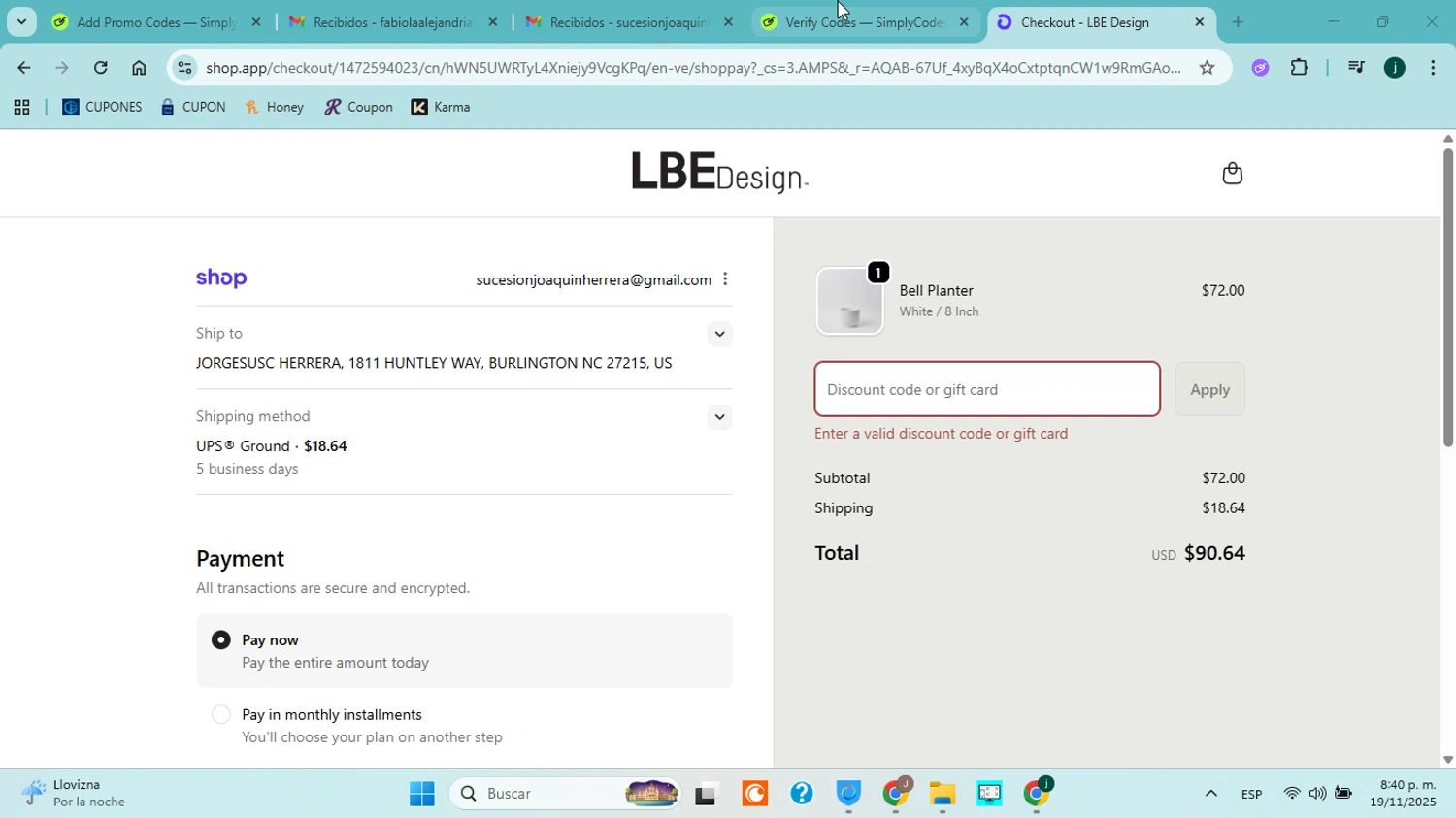 LBE Design promo code screenshot showing code MERRY20 applied at LBE Design checkout page. Uploaded by SimplyCodes community member jorgejavierherrera on Nov 20, 2025