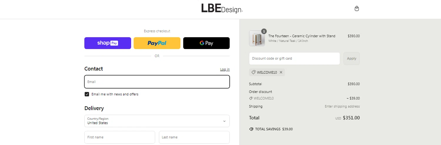 LBE Design promo code screenshot showing code WELCOME10 applied at LBE Design checkout page. Uploaded by SimplyCodes community member OnlywM on Mar 10, 2025