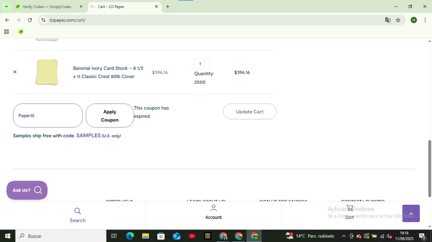 LCI Paper checkout page showing LCI Paper promo code box | Screenshot taken by SimplyCodes community member on Sep 12, 2025