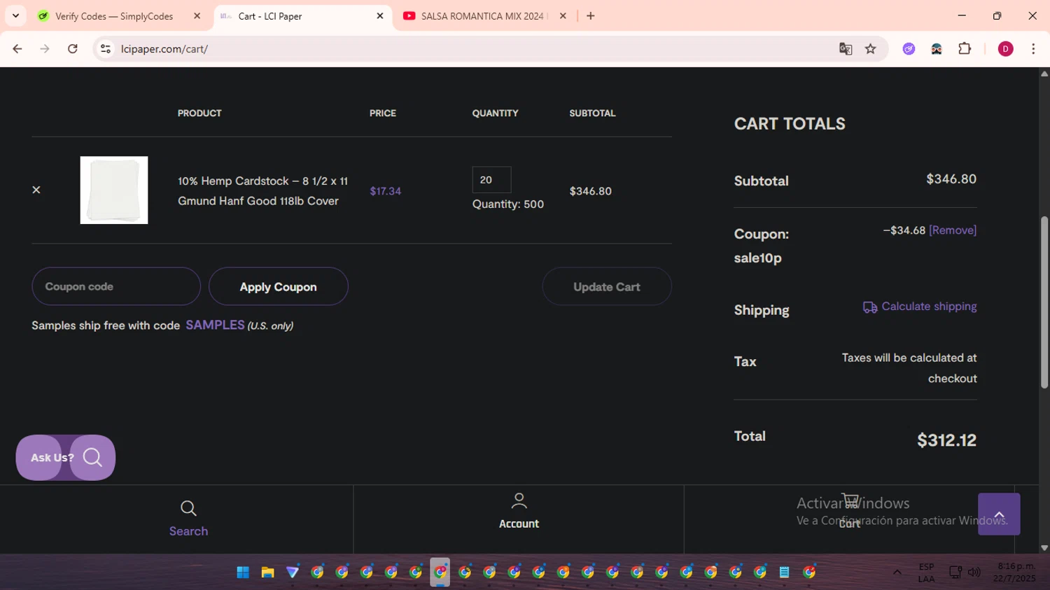 LCI Paper promo code screenshot showing code SALE10P applied at LCI Paper checkout page. Uploaded by SimplyCodes community member EpicSaver9948 on Jul 23, 2025