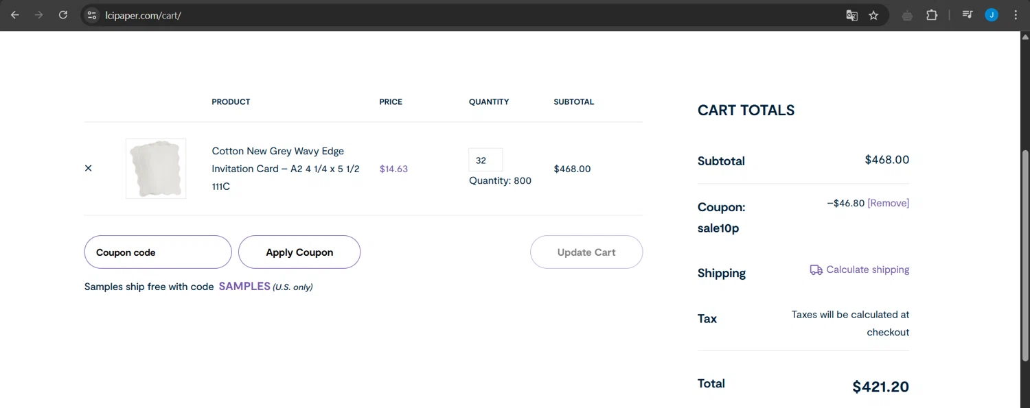 LCI Paper promo code screenshot showing code SALE10P applied at LCI Paper checkout page. Uploaded by SimplyCodes community member Jeanjc on May 23, 2025