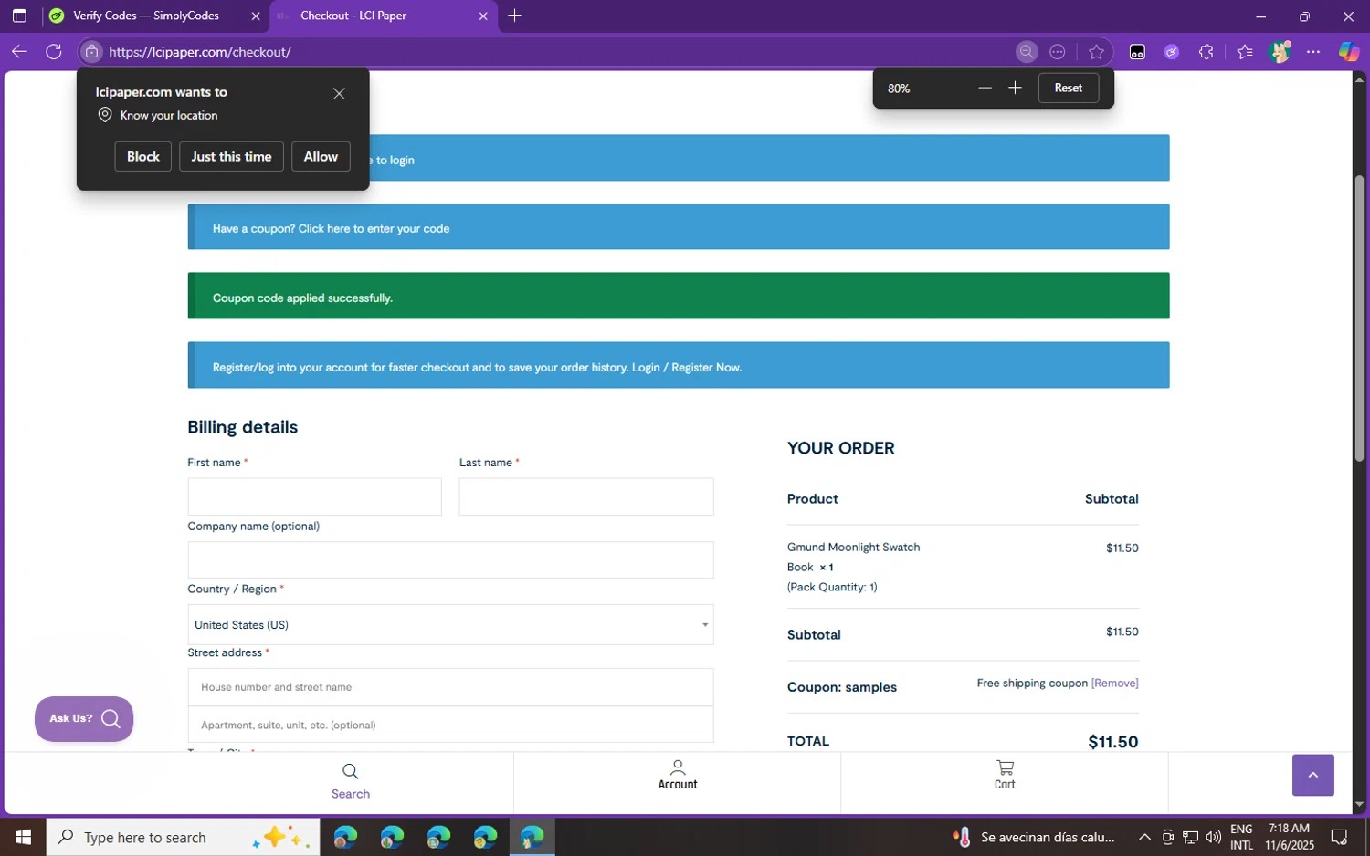 LCI Paper promo code screenshot showing code SAMPLES applied at LCI Paper checkout page. Uploaded by SimplyCodes community member fghfgefds2 on Nov 6, 2025
