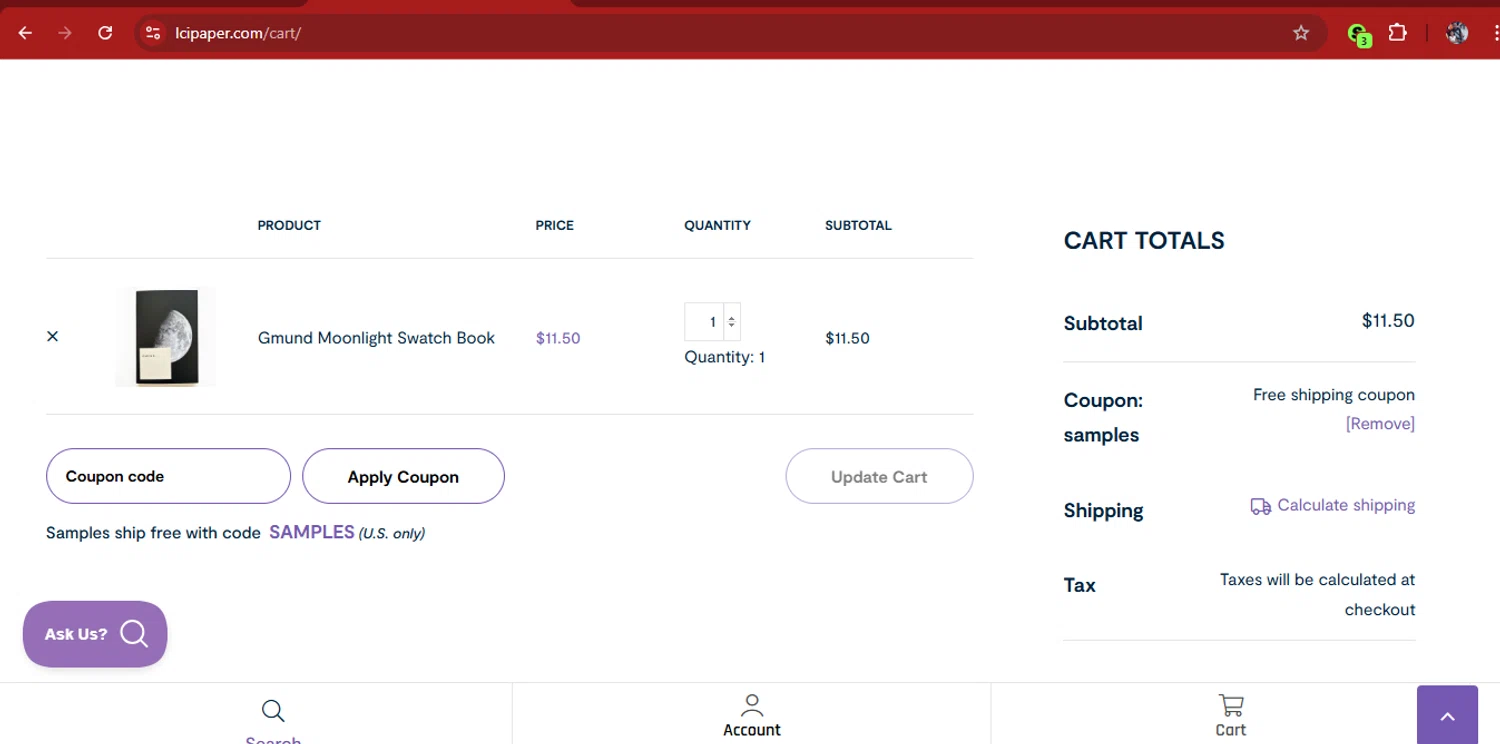 LCI Paper promo code screenshot showing code SAMPLES applied at LCI Paper checkout page. Uploaded by SimplyCodes community member kimberlinmartinez on Nov 6, 2025