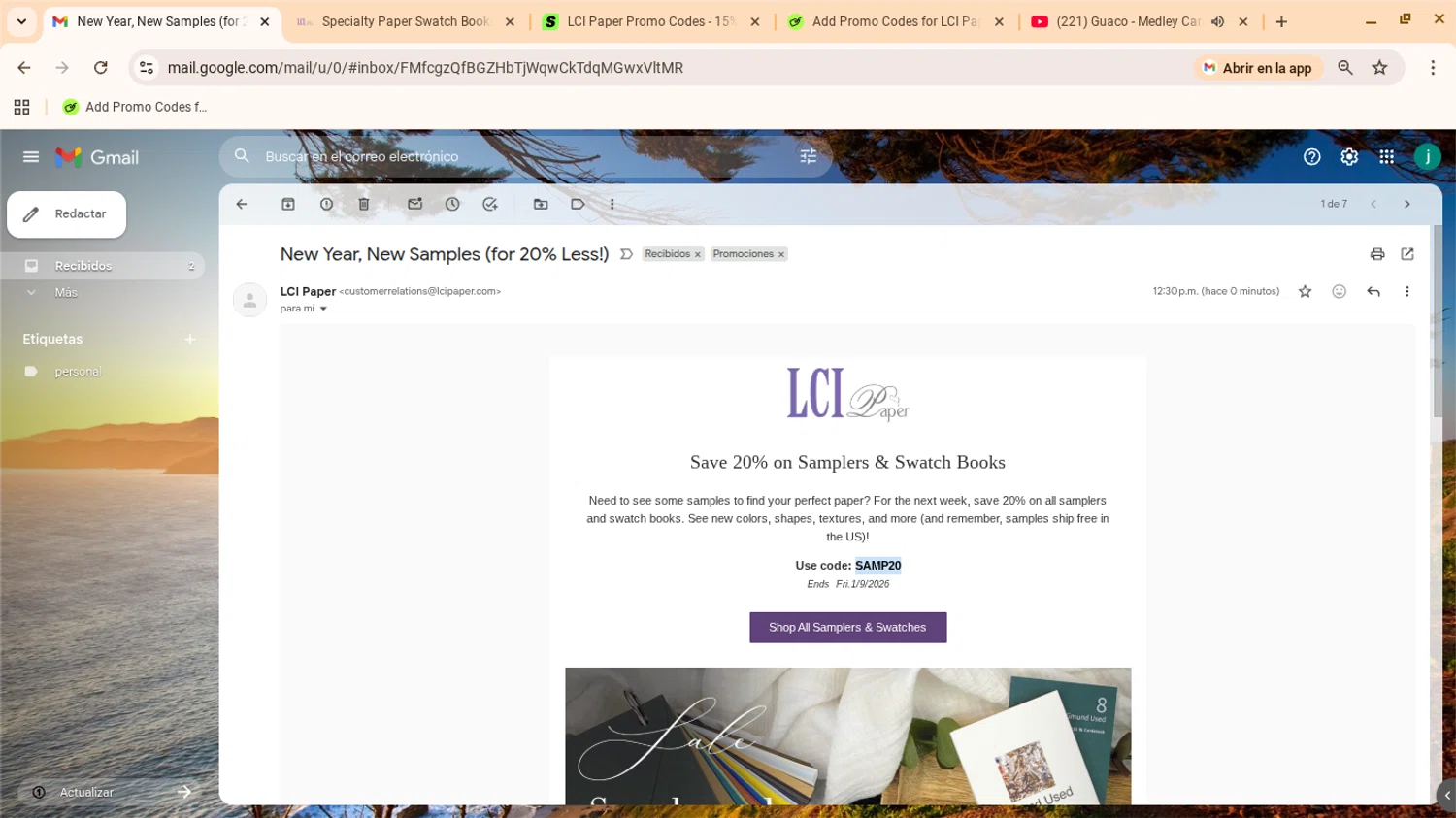 LCI Paper promo code screenshot showing code SAMP20 applied at LCI Paper checkout page. Uploaded by SimplyCodes community member yennifergonzalez on Jan 2, 2026