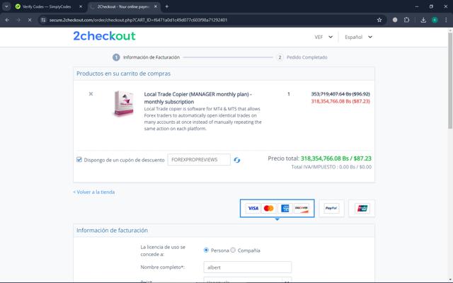 Local Trade Copier checkout page showing Local Trade Copier promo code box | Screenshot taken by SimplyCodes community member on Jul 22, 2024