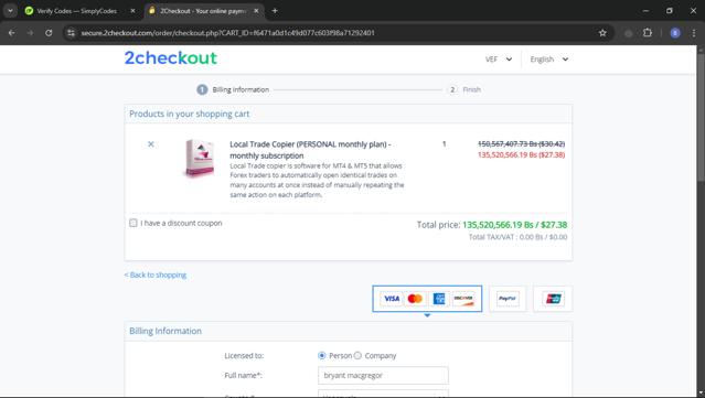 Local Trade Copier checkout page showing Local Trade Copier promo code box | Screenshot taken by SimplyCodes community member on Dec 15, 2024