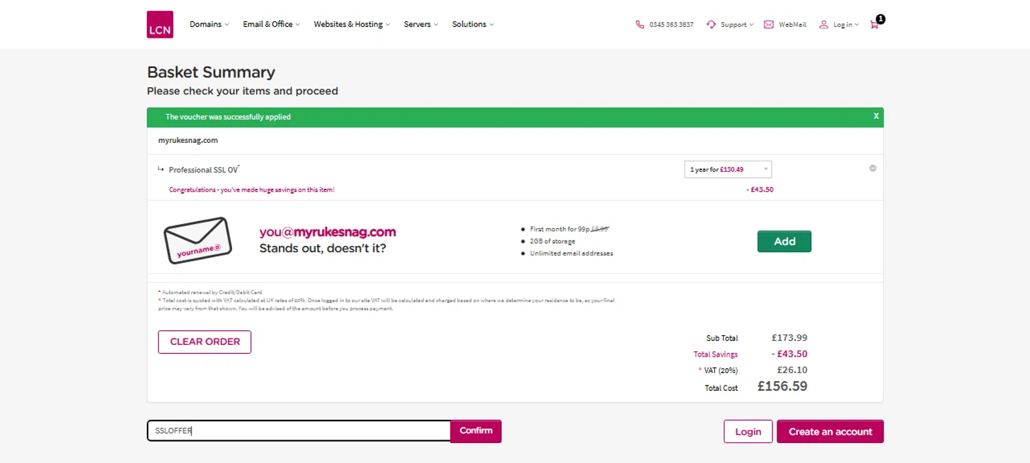 LCN.com promo code screenshot showing code SSLOFFER applied at LCN.com checkout page. Uploaded by SimplyCodes community member CarmenAyuth on Aug 19, 2025