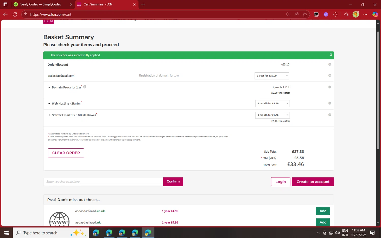 LCN.com promo code screenshot showing code ITSSAVED applied at LCN.com checkout page. Uploaded by SimplyCodes community member jvllsk2 on Oct 27, 2025