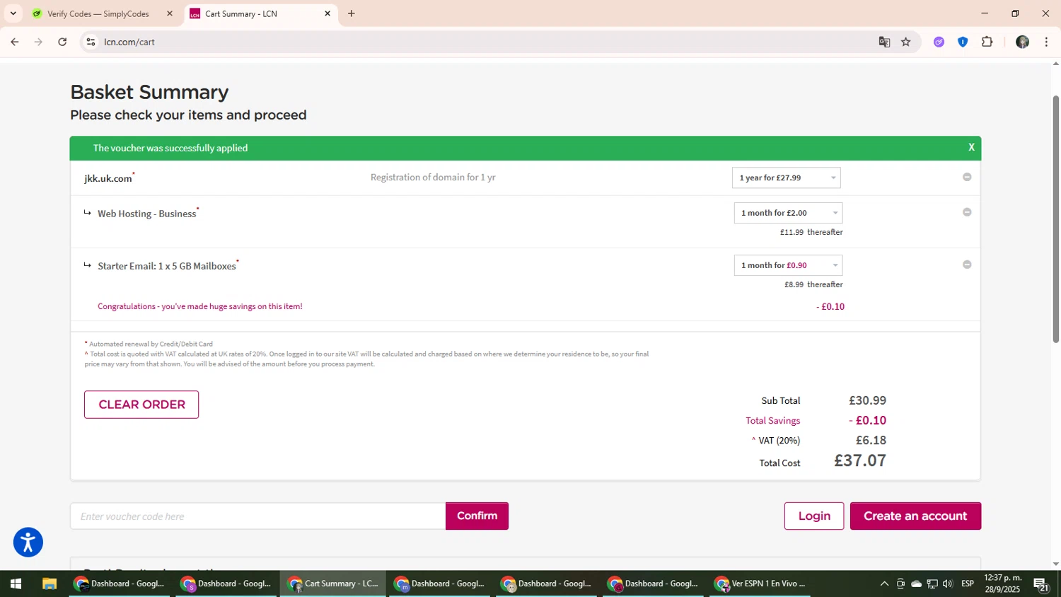 LCN.com checkout page showing LCN.com promo code box | Screenshot taken by SimplyCodes community member on Sep 28, 2025