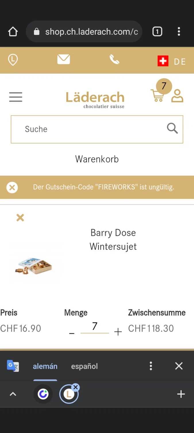 Läderach checkout page showing Läderach promo code box | Screenshot taken by SimplyCodes community member on Jan 12, 2022