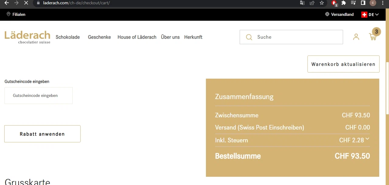 Läderach checkout page showing Läderach promo code box | Screenshot taken by SimplyCodes community member on Jul 8, 2022