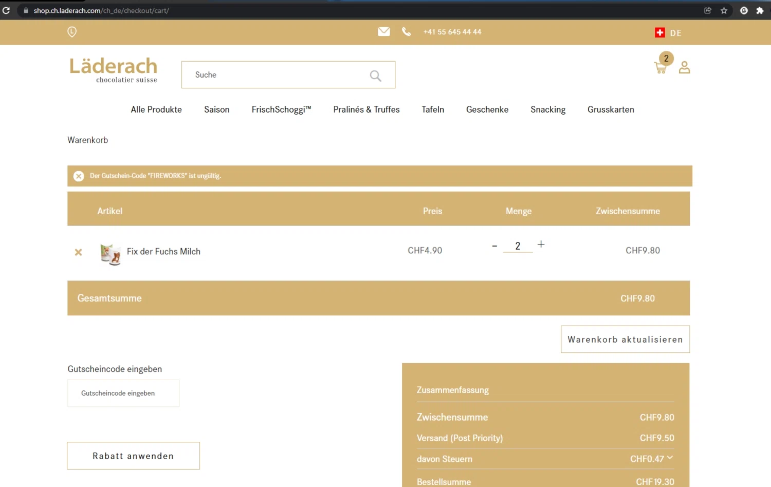 Läderach checkout page showing Läderach promo code box | Screenshot taken by SimplyCodes community member on Dec 6, 2021