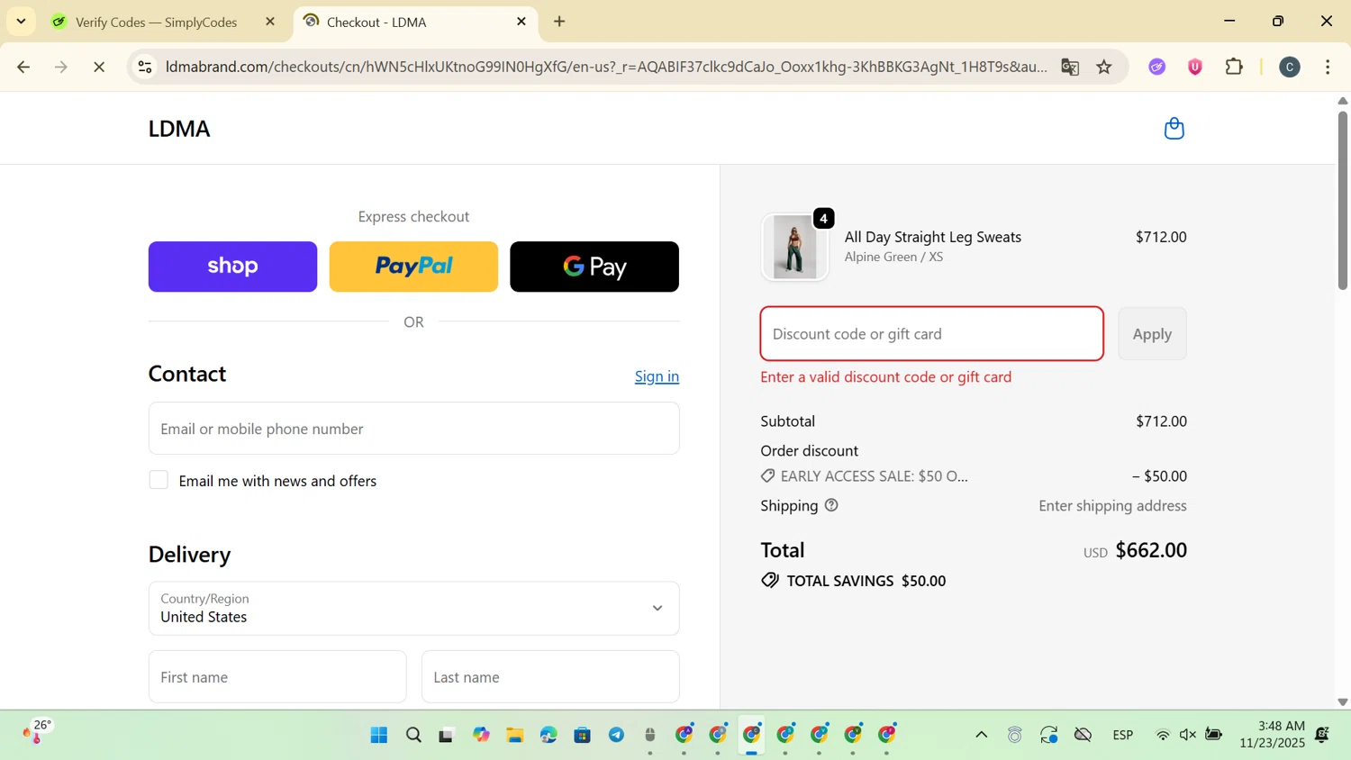 LDMA promo code screenshot showing code FRIENDSINACTION applied at LDMA checkout page. Uploaded by SimplyCodes community member SaleVirtuoso3791 on Nov 23, 2025