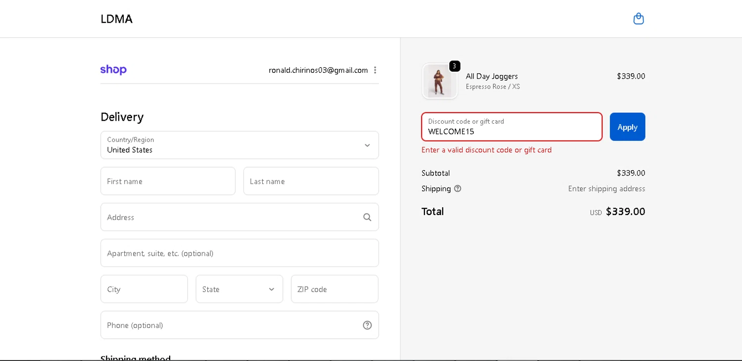 LDMA promo code screenshot showing code WELCOME15 applied at LDMA checkout page. Uploaded by SimplyCodes community member CleverGenius9882 on Nov 28, 2025