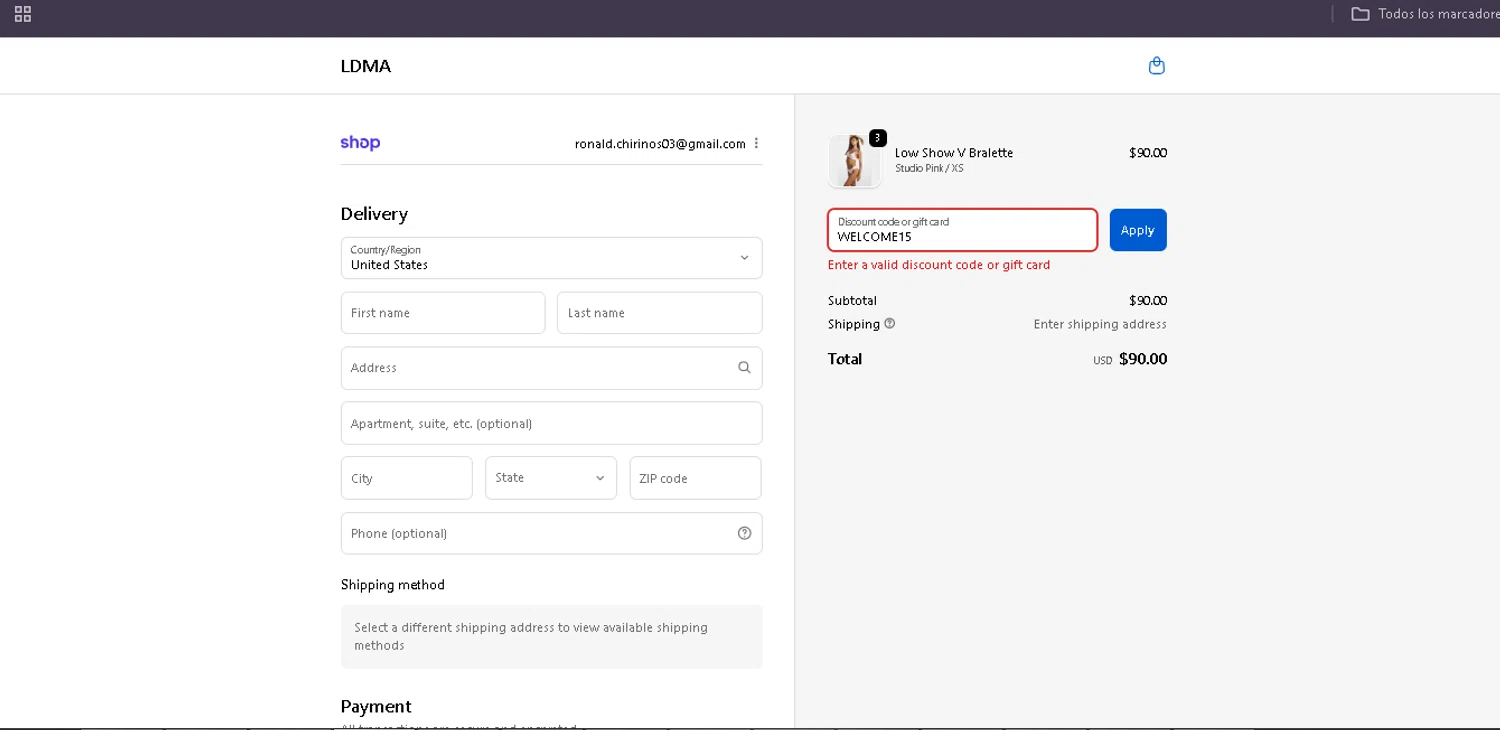 LDMA promo code screenshot showing code WELCOME15 applied at LDMA checkout page. Uploaded by SimplyCodes community member Egni_149037891 on Nov 28, 2025