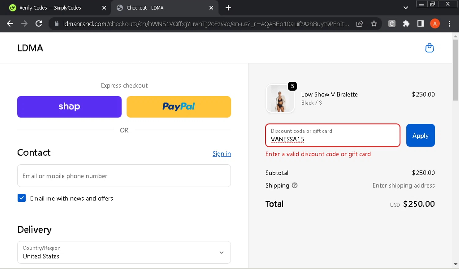 LDMA promo code screenshot showing code VANESSA15 applied at LDMA checkout page. Uploaded by SimplyCodes community member GloriousOwl8819 on Nov 7, 2025