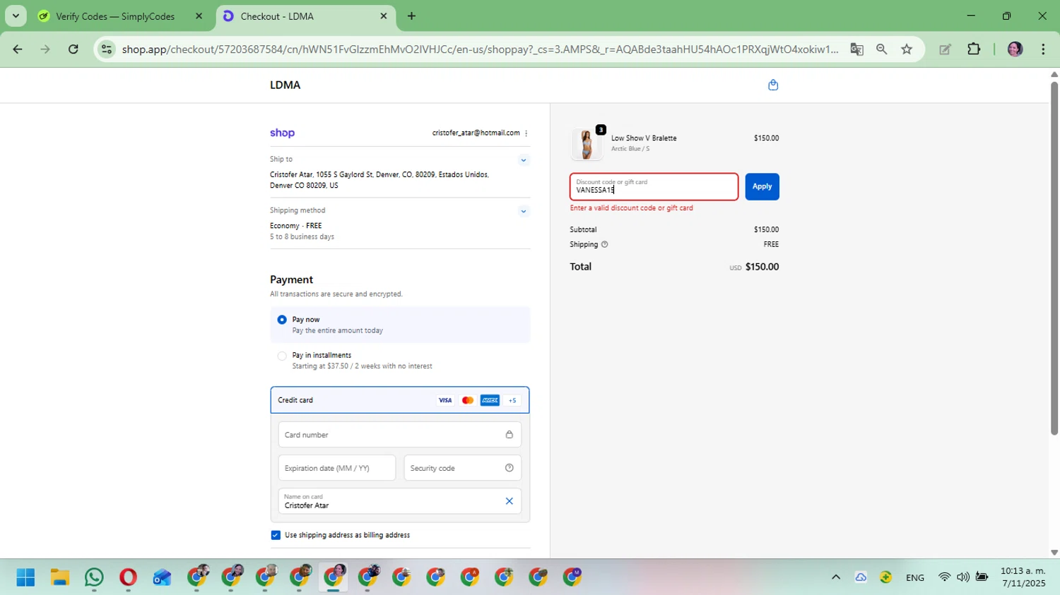 LDMA promo code screenshot showing code VANESSA15 applied at LDMA checkout page. Uploaded by SimplyCodes community member Mari_perez on Nov 7, 2025