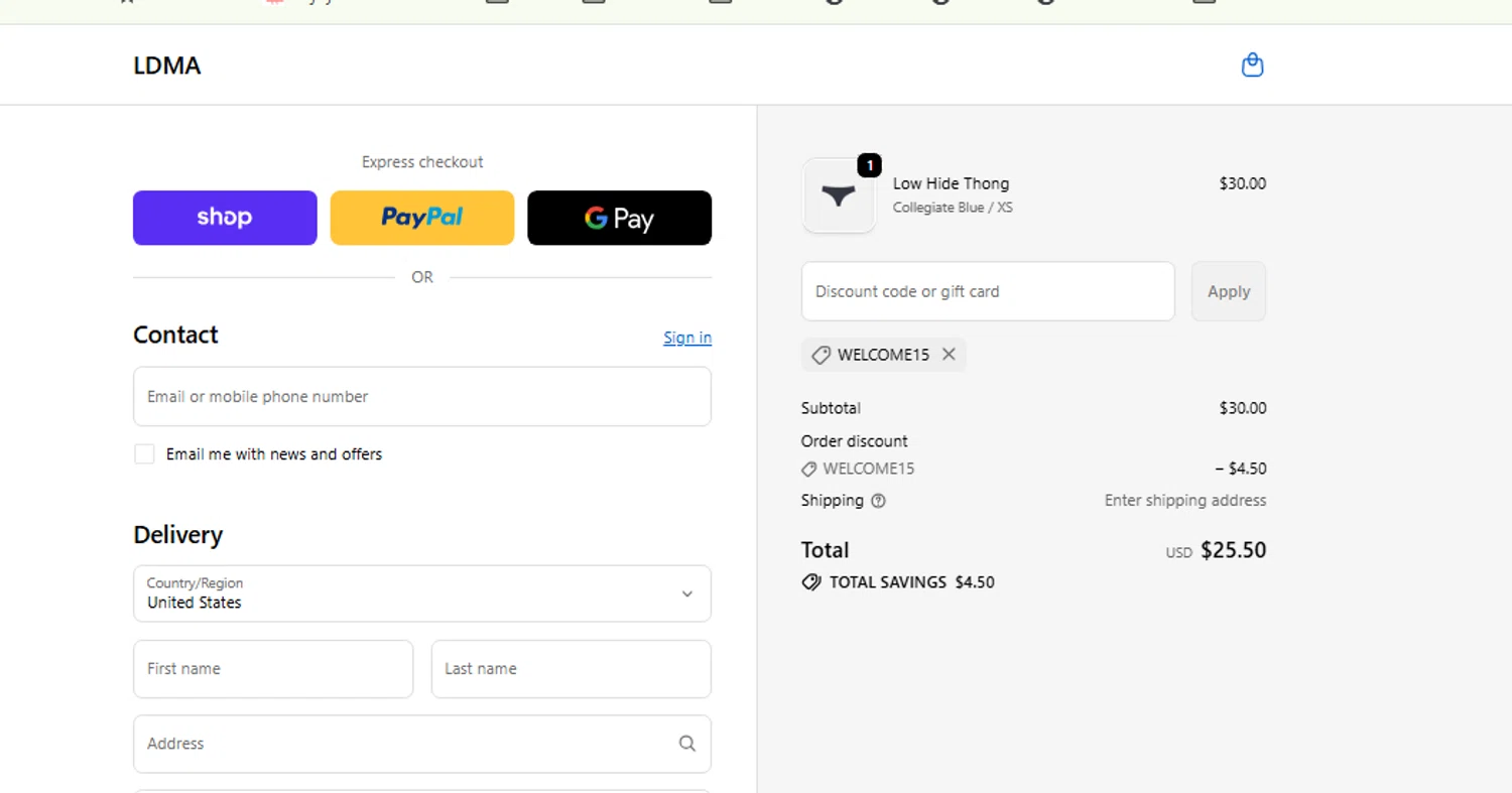 LDMA promo code screenshot showing code WELCOME15 applied at LDMA checkout page. Uploaded by SimplyCodes community member carlosrivero on Dec 6, 2025