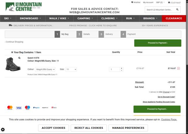 LD Mountain Centre checkout page showing LD Mountain Centre discount code box | Screenshot taken by SimplyCodes community member on Jul 30, 2025