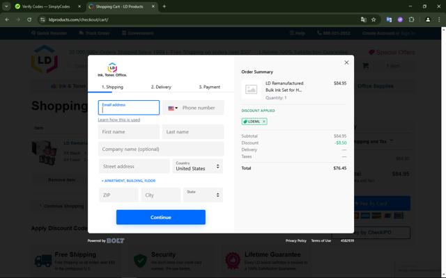 LD Products checkout page showing LD Products coupon code box | Screenshot taken by SimplyCodes community member on Jul 20, 2025