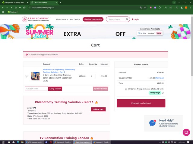 Lead Academy checkout page showing Lead Academy coupon code box | Screenshot taken by SimplyCodes community member on Aug 21, 2025