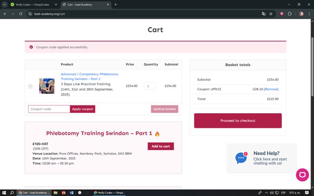 Lead Academy checkout page showing Lead Academy coupon code box | Screenshot taken by SimplyCodes community member on Sep 2, 2025