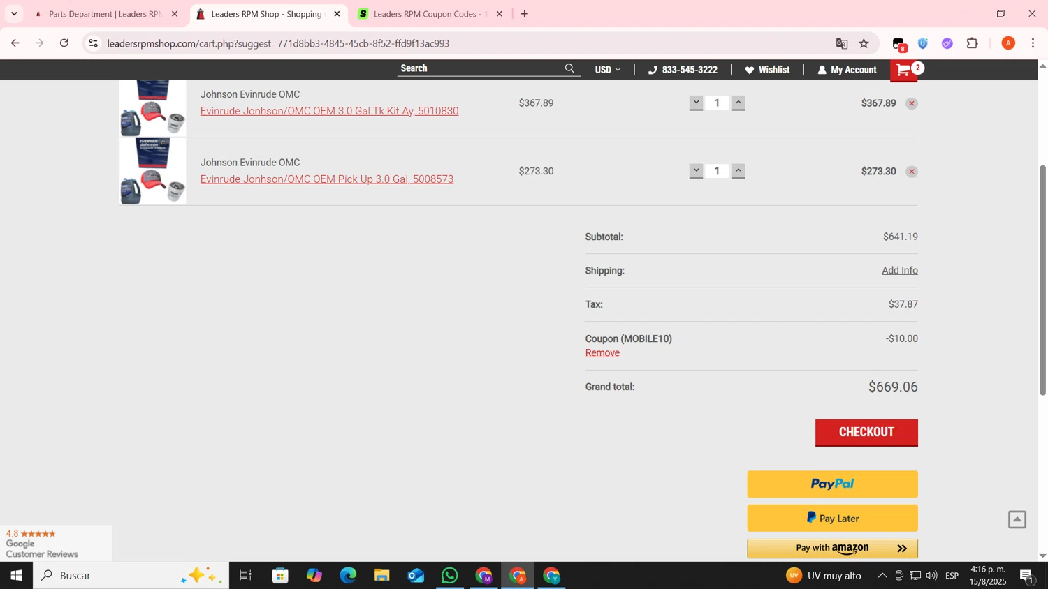 Leaders RPM coupon code screenshot showing code MOBILE10 applied at Leaders RPM checkout page. Uploaded by SimplyCodes community member FrugalSentinel6206 on Aug 15, 2025