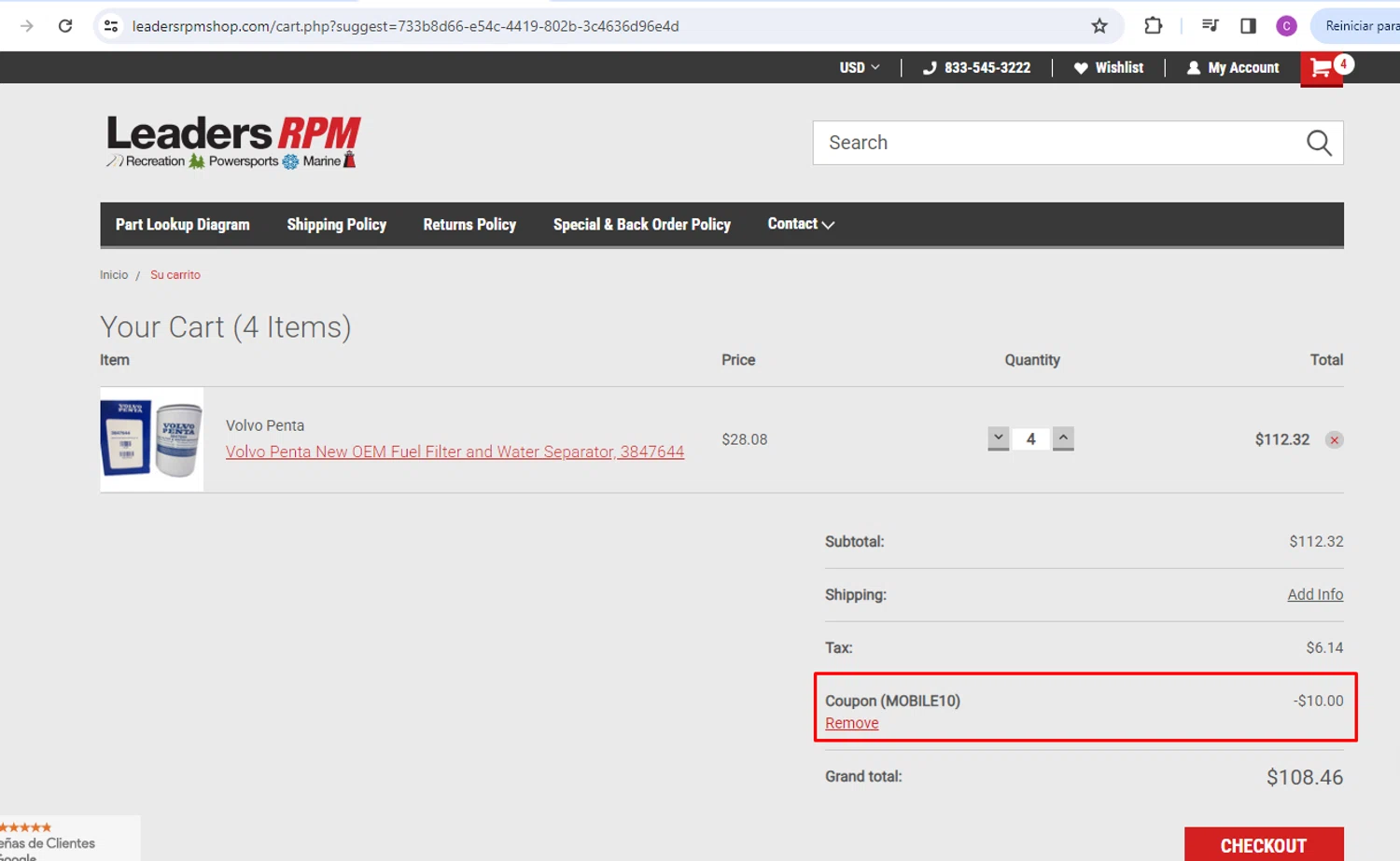 Leaders RPM coupon code screenshot showing code MOBILE10 applied at Leaders RPM checkout page. Uploaded by SimplyCodes community member nileskamarcano on Aug 15, 2025