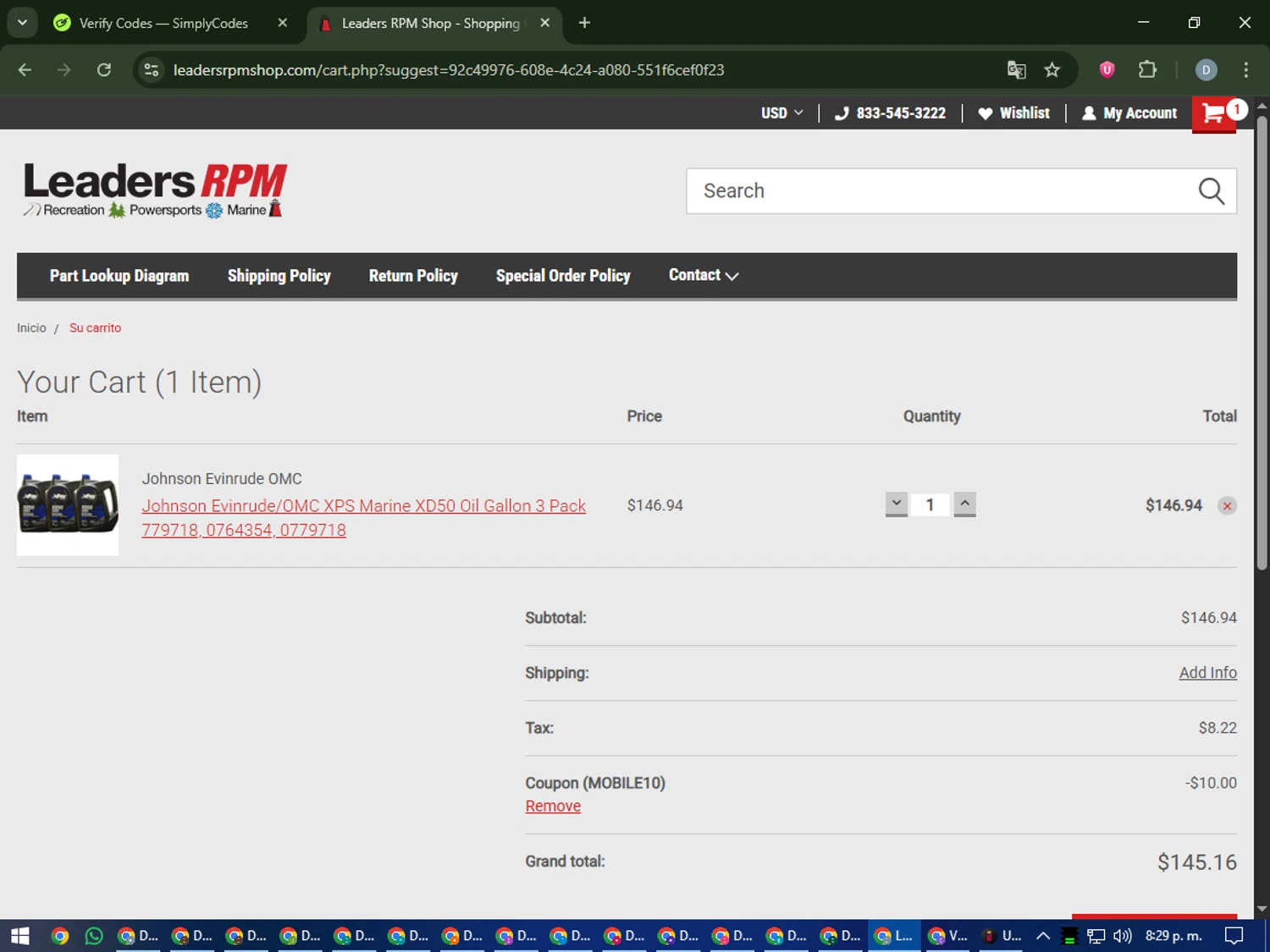 Leaders RPM Shop promo code screenshot showing code MOBILE10 applied at Leaders RPM Shop checkout page. Uploaded by SimplyCodes community member CleverCurator2558 on Sep 18, 2025