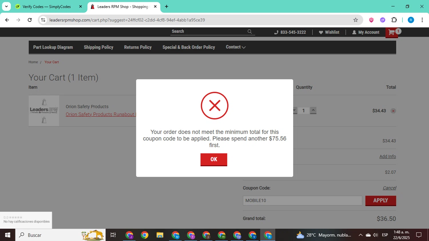 Leaders RPM Shop checkout page showing Leaders RPM Shop promo code box | Screenshot taken by SimplyCodes community member on Jun 22, 2025