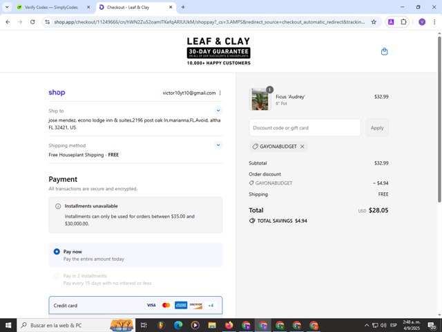 Leaf and Clay checkout page showing Leaf and Clay discount code box | Screenshot taken by SimplyCodes community member on Sep 4, 2025