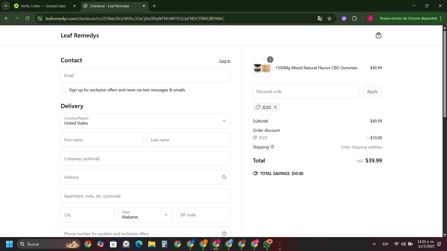 Leaf Remedys discount code screenshot showing code JD20 applied at Leaf Remedys checkout page. Uploaded by SimplyCodes community member FrugalFinder745 on May 11, 2025