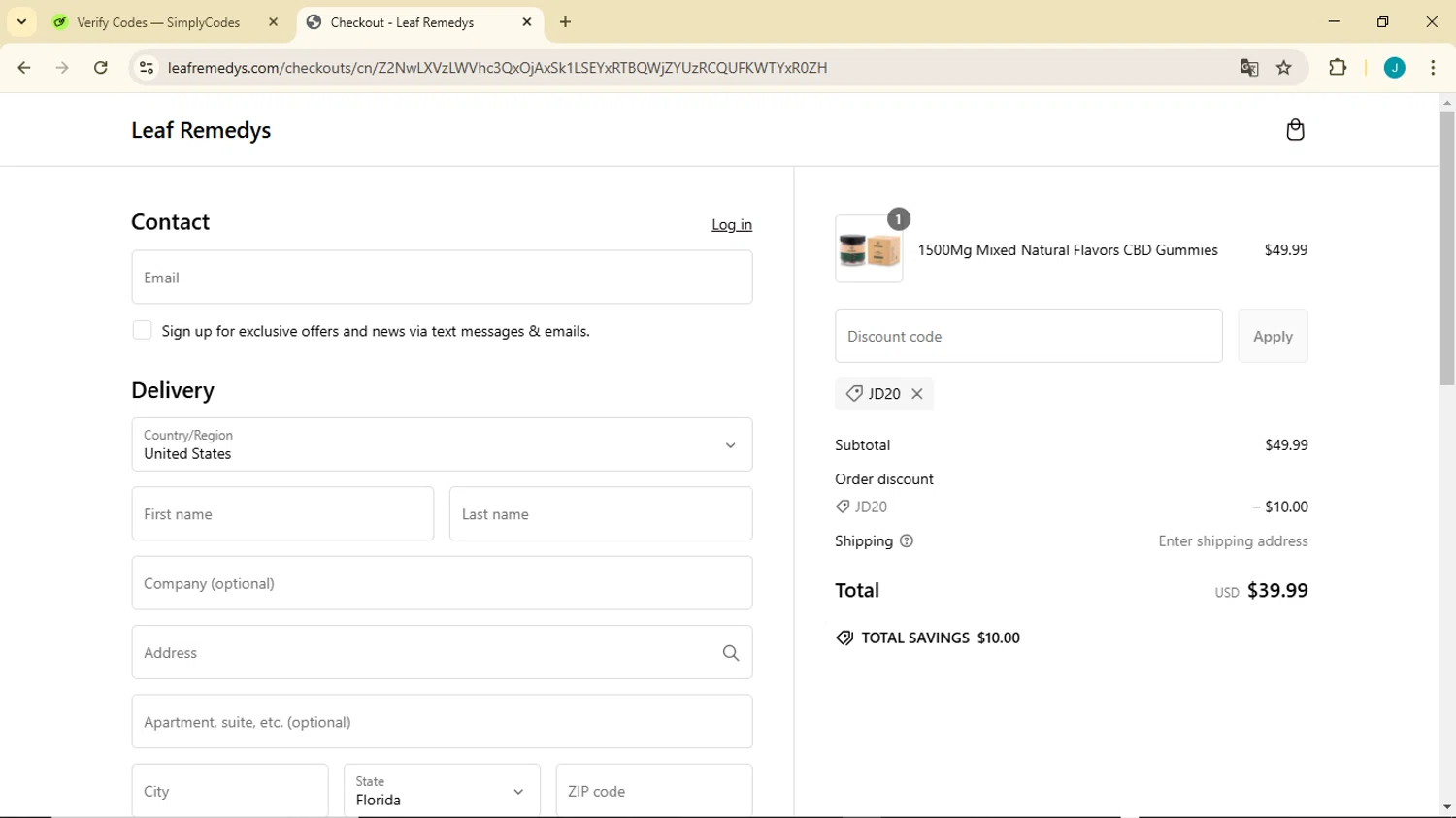 Leaf Remedys discount code screenshot showing code JD20 applied at Leaf Remedys checkout page. Uploaded by SimplyCodes community member GoldDefender3268 on Feb 21, 2025
