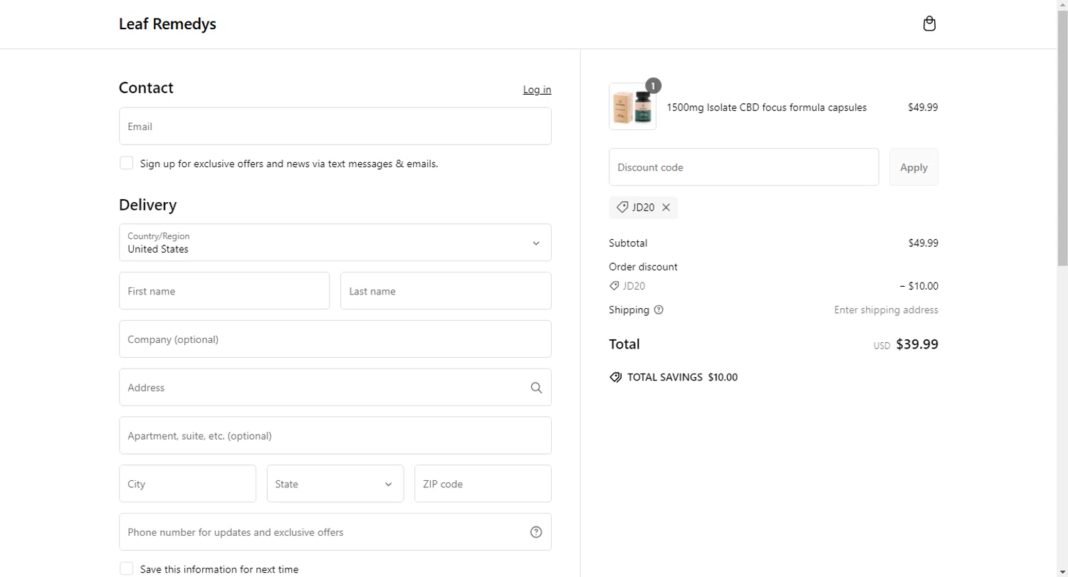 Leaf Remedys discount code screenshot showing code JD20 applied at Leaf Remedys checkout page. Uploaded by SimplyCodes community member QuestHunter1351 on Feb 21, 2025